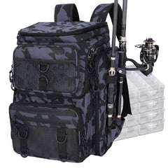 Waterproof fishing tackle backpack with rod holder and 4-tray lure organization