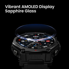 Amazfit T-Rex 3 Pro outdoor smart watch with sapphire AMOLED display, titanium bezel, dual band GPS, and 180+ sports modes.