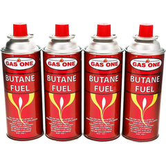 Four 8 oz GasOne butane fuel canisters for portable camping stoves, UL safety certified, made in Korea, camp kitchen gear.