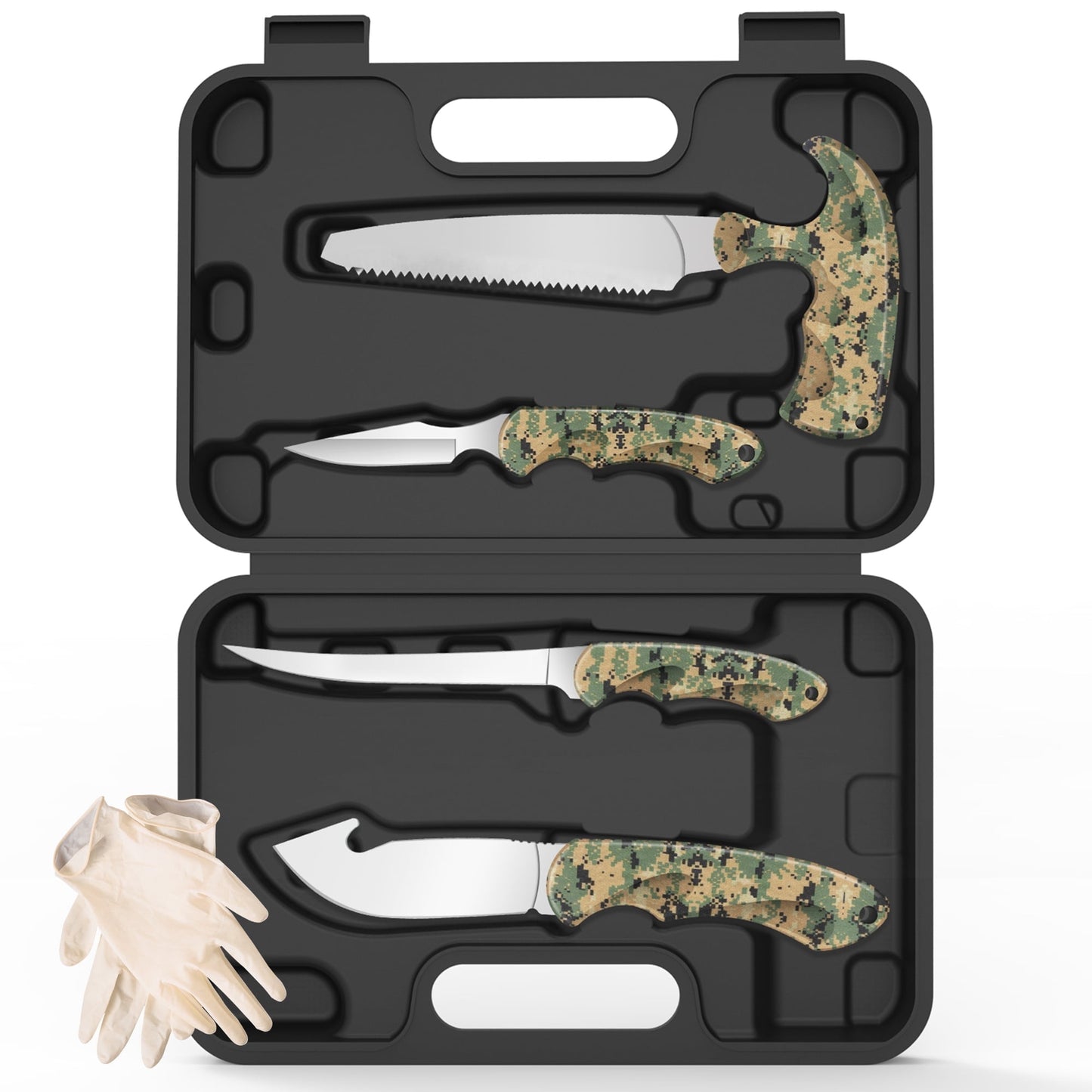 Fixed Blade Hunting Knife with Gut Hook — 4.5" Drop Point Blade, Full Tang, Leather Sheath