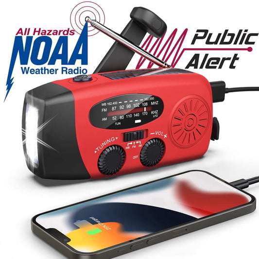 NOAA Emergency Weather Radio — Hand Crank, Solar, USB Rechargeable with Phone Charging & SOS Alarm