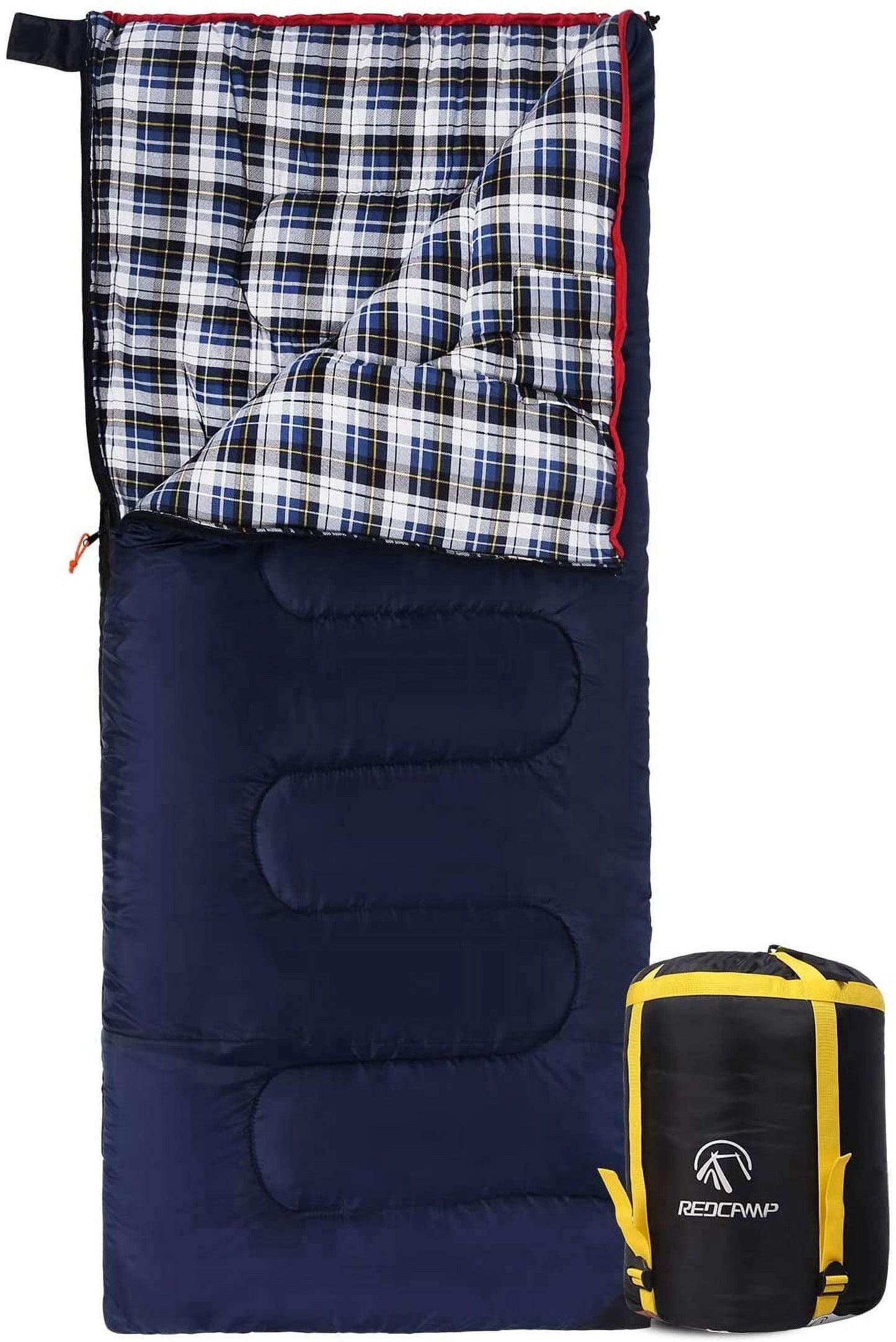 Cotton flannel 4-season envelope sleeping bag for cold weather camping