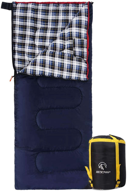 Cotton flannel 4-season envelope sleeping bag for cold weather camping