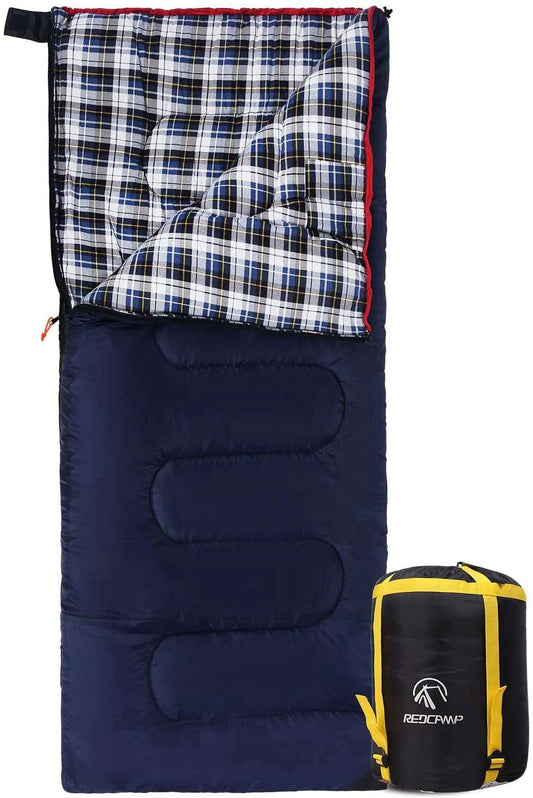 Cotton flannel 4-season envelope sleeping bag for cold weather camping