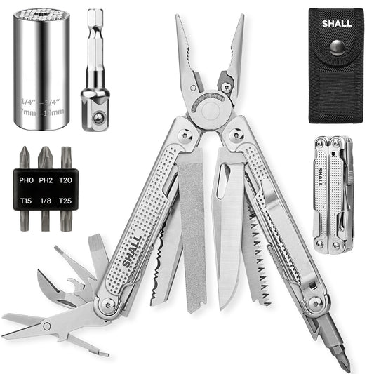 Stainless Steel Multi-Tool Pliers — 18-in-1 EDC Multitool with Knife, Saw, Screwdrivers & Belt Clip