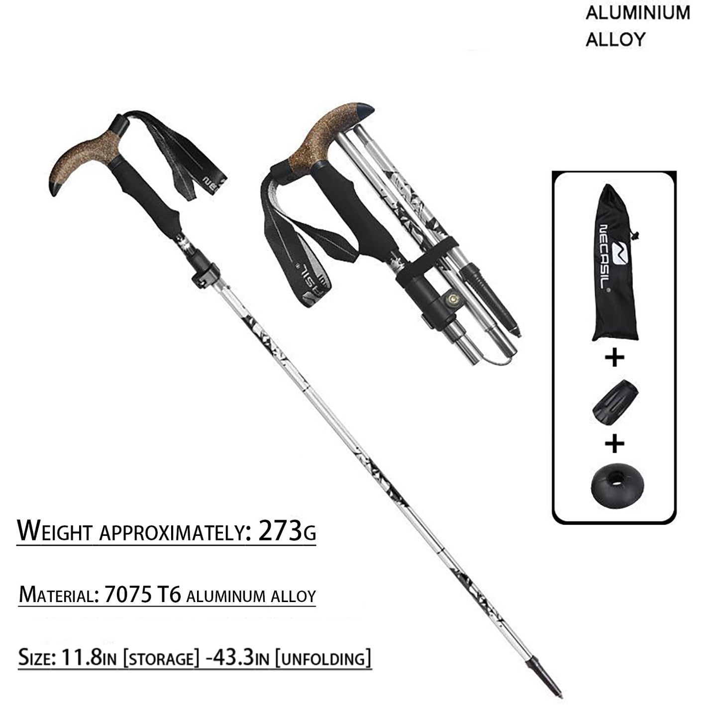 Ultralight aluminum trekking poles with cork grip — anti-shock collapsible hiking sticks