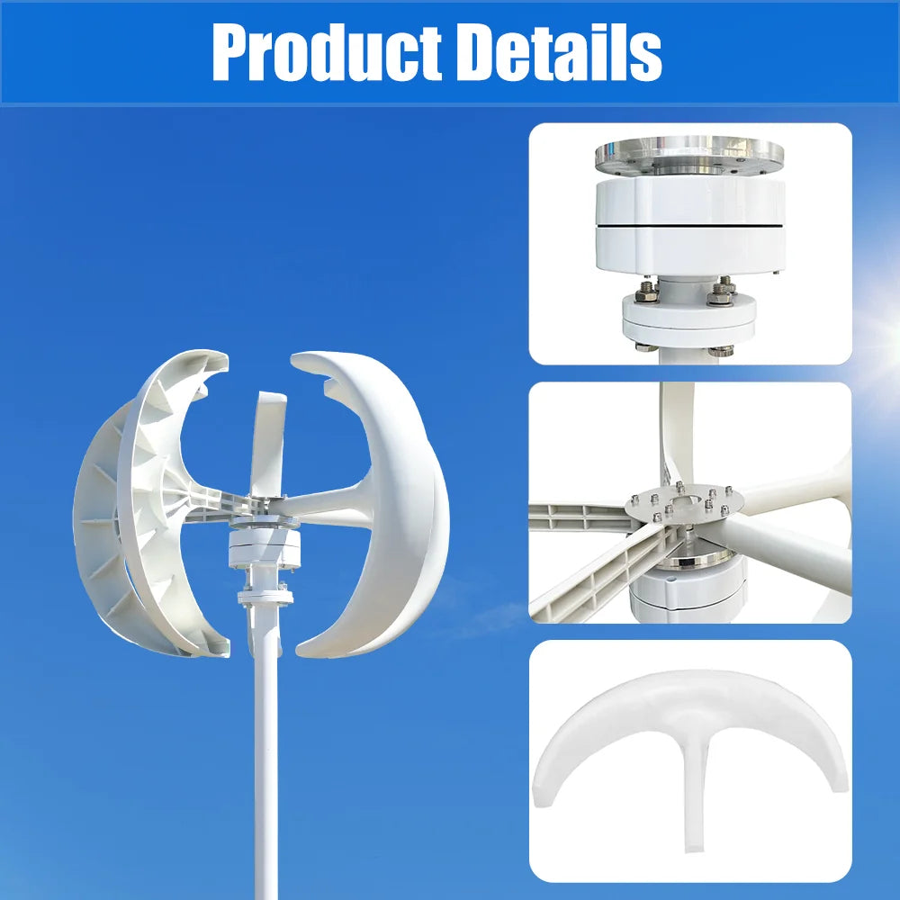 5000W Vertical Axis Wind Turbine Generator Low Noise Low Start Wind Speed 12V 24V 48V Windmill off Grid System with MPPT Charger