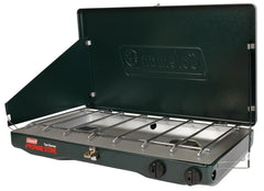 Coleman Matchlight propane stove showing aluminized steel wind panels and dual burner controls