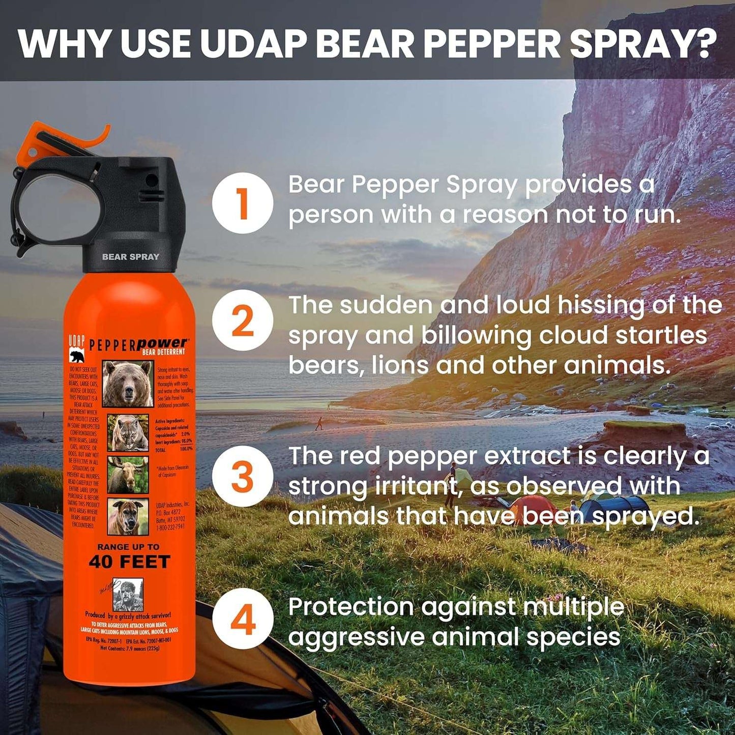 UDAP Pepper Power Magnum Bear Spray Self Defense Deterrent with Holster for Camping, Hiking, Fishing, Powerful Blast Pattern, 30 Ft Fog Barrier, 12HP, 7.9 Oz