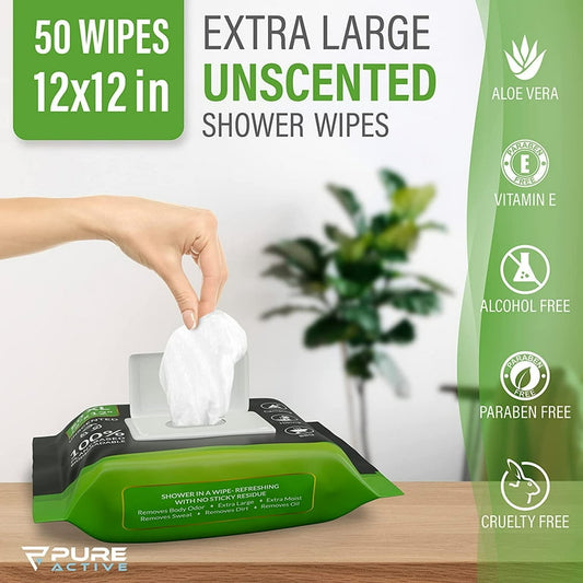 Extra-Large Outdoor Body Wipes for Camping — Unscented Biodegradable Shower Wipes, 50 Count