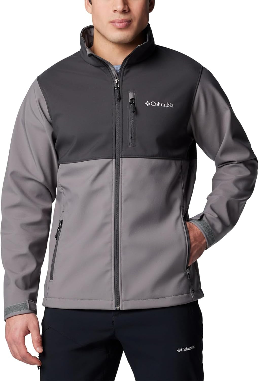 Columbia Ascender softshell jacket side view showing stretch fit and chest pocket