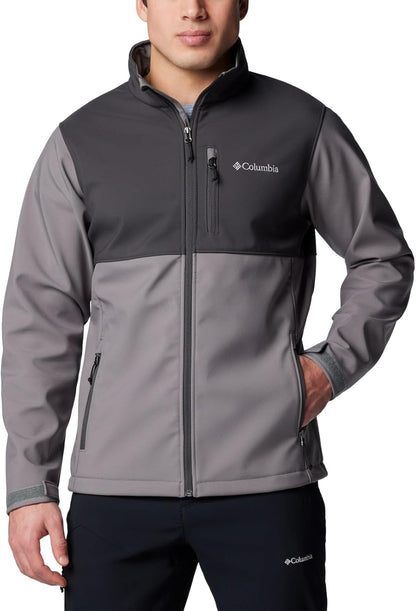 Columbia Ascender softshell jacket side view showing stretch fit and chest pocket