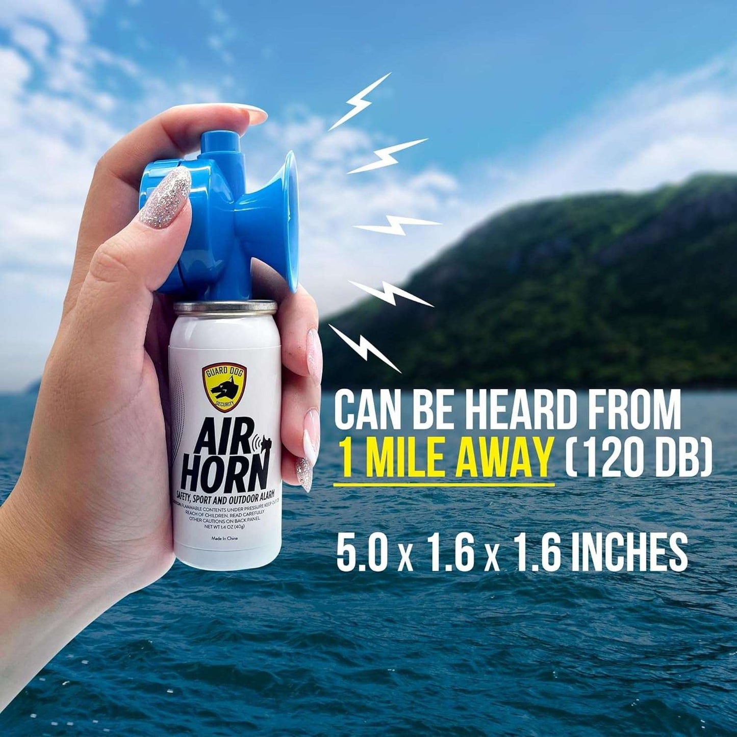 Guard Dog Security Air Horn for Safety, Loud Blow Horn, Hand Held Mini Air Horn, Fog and Boat Horn for Marine, Football Games, Sporting Events and Outdoor Alarms, Powerful 1-Mile Sound Blast 1.4 Oz