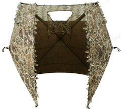 Pop-up hunting blind showing full-perimeter shooting windows and carry bag for mobile use
