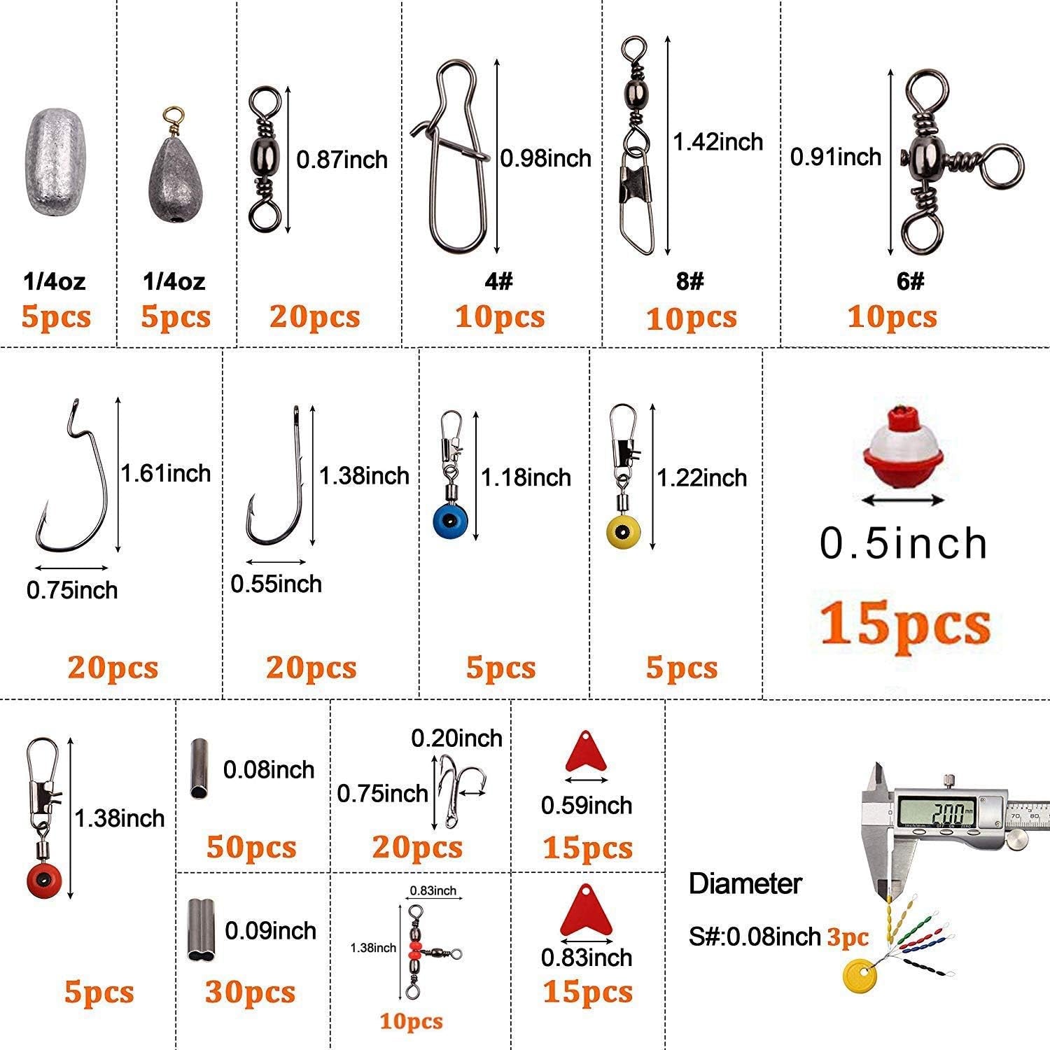 Complete Fishing Tackle Kit with Box - Sinker Weights, Barrel Swivels, Snap Swivels, Hooks, Sinker Slides, Beads