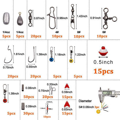 Complete Fishing Tackle Kit with Box - Sinker Weights, Barrel Swivels, Snap Swivels, Hooks, Sinker Slides, Beads
