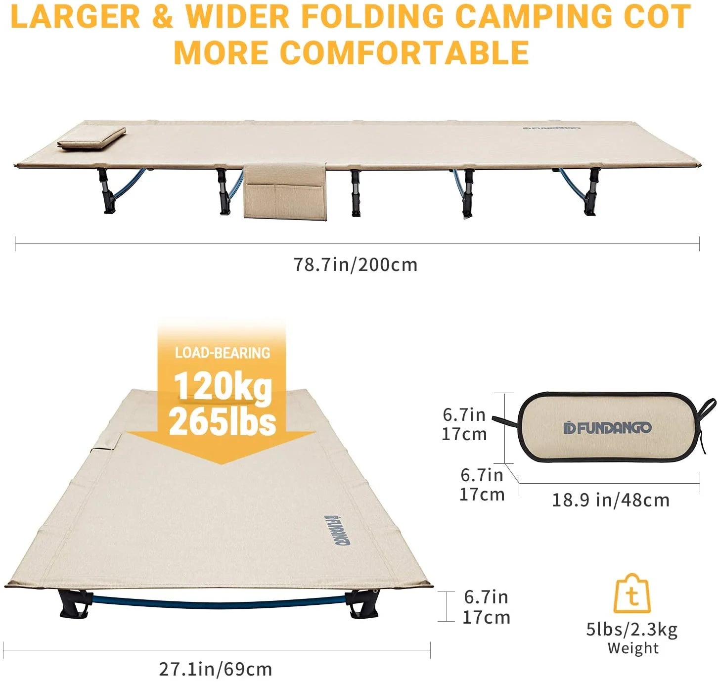 Folding Camping Cot Bed for Adults, Lightweight and Compact, Supports 265 lbs - Beige - Peak Performance Outfitters