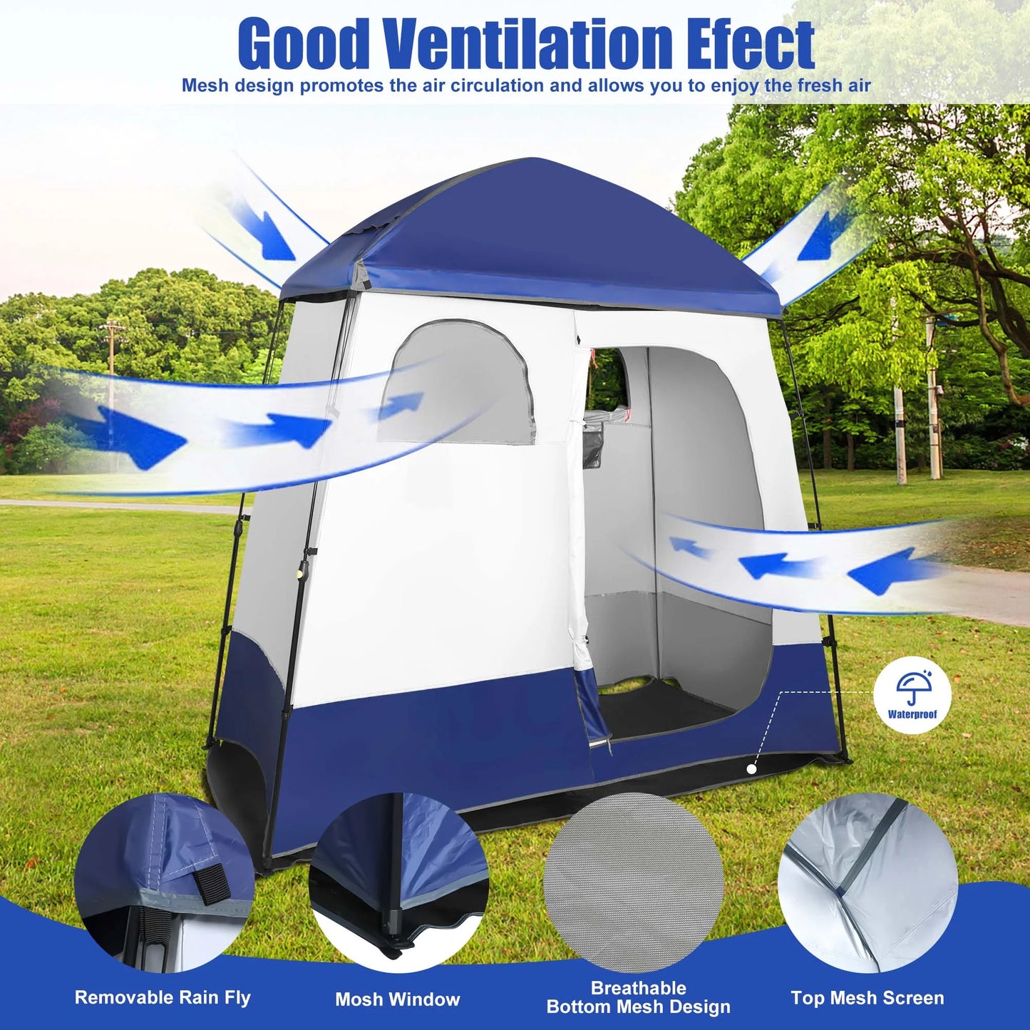 Outdoor Camping Shower Tent with Oversized Space and Privacy, Portable Changing Room with Floor, Easy Setup Privacy Shelter for Camping - 2 Rooms Toilet Tent - Peak Performance Outfitters