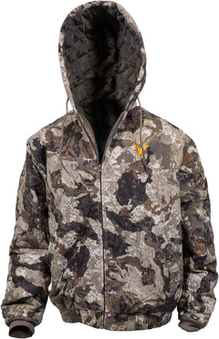 Insulated camo hunting jacket back view showing full camo coverage and hood