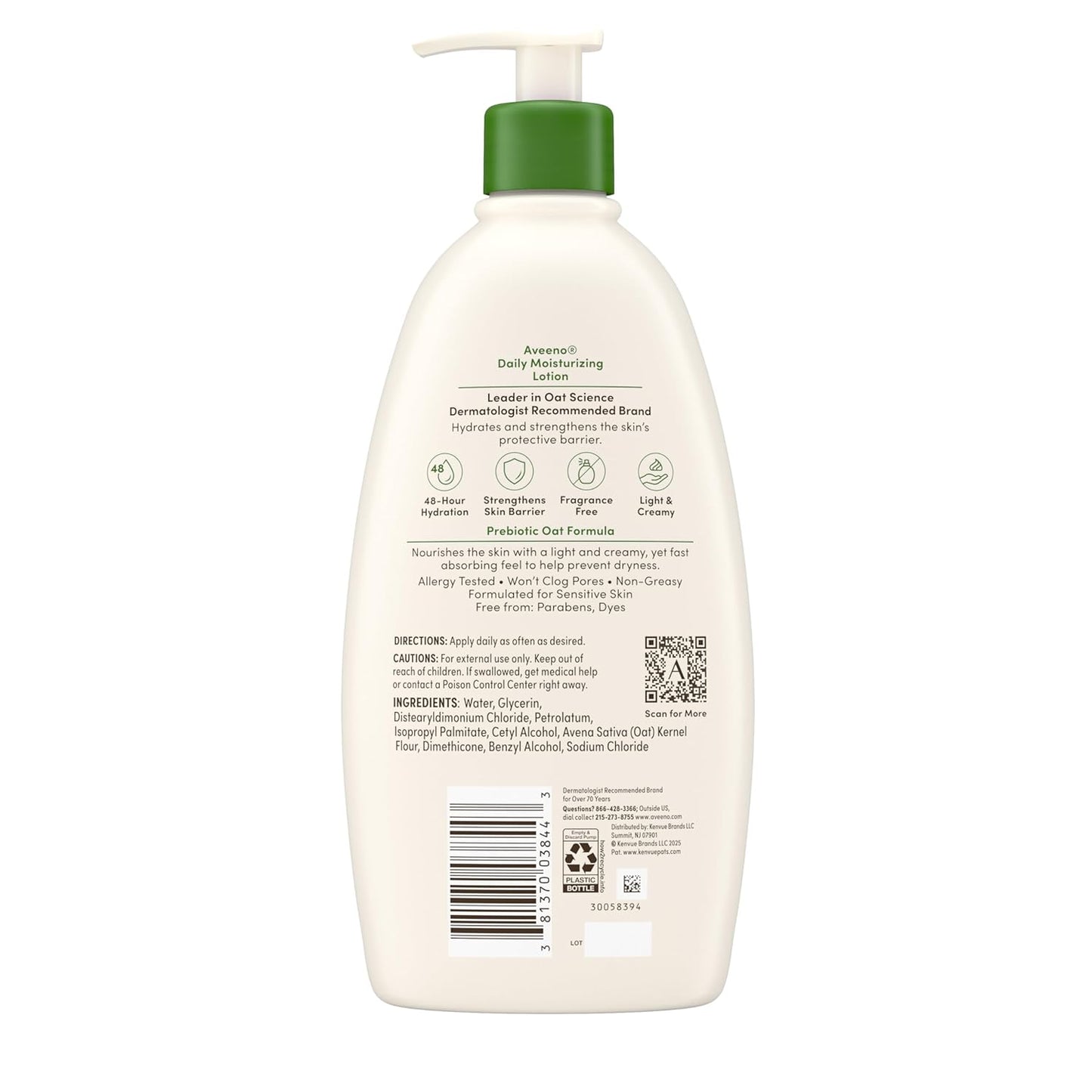Aveeno Daily Moisturizing Body Lotion for Dry Skin with Prebiotic Oat, Paraben-Free, Fragrance-Free, Non-Greasy, Non-Comedogenic, 18 FL OZ