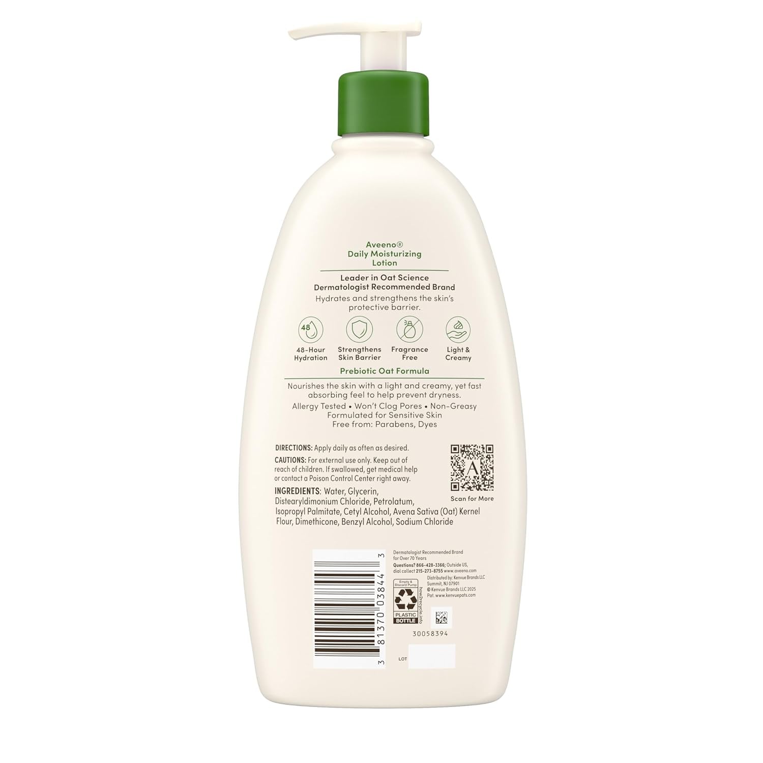 Aveeno Daily Moisturizing Body Lotion for Dry Skin with Prebiotic Oat, Paraben-Free, Fragrance-Free, Non-Greasy, Non-Comedogenic, 18 FL OZ