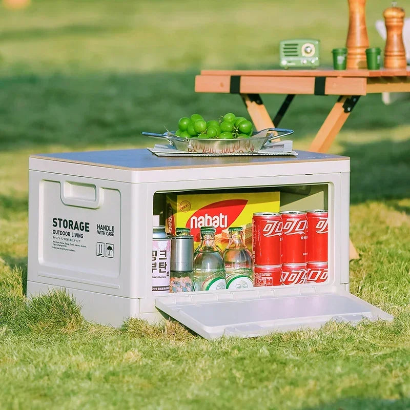 Outdoor Camping Storage Box with Trunk Organizer, Folding Bench, and Chopping Board - Peak Performance Outfitters