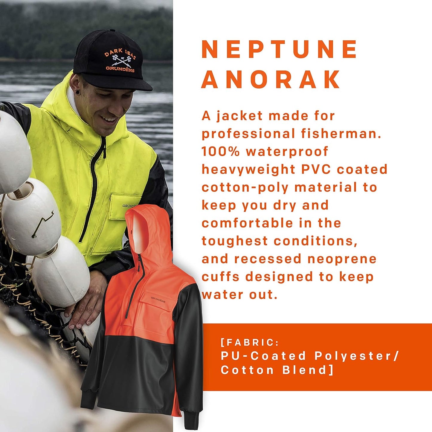 Grundens Men's Neptune Commercial Fishing Pullover Anorak - Waterproof and Adjustable - Peak Performance Outfitters