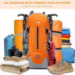 50L hiking backpack showing adjustable internal frame and external lash points for gear attachment