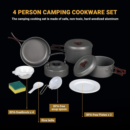 Camping cookware set — lightweight pots and pans for family camp cooking
