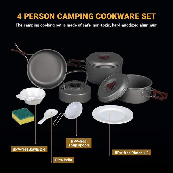 Camping cookware set — lightweight pots and pans for family camp cooking