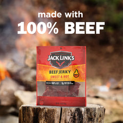 Jack Link's Sweet & Hot Beef Jerky trail snack in 2.85 oz package, featuring spicy and sweet flavor with beef strips.