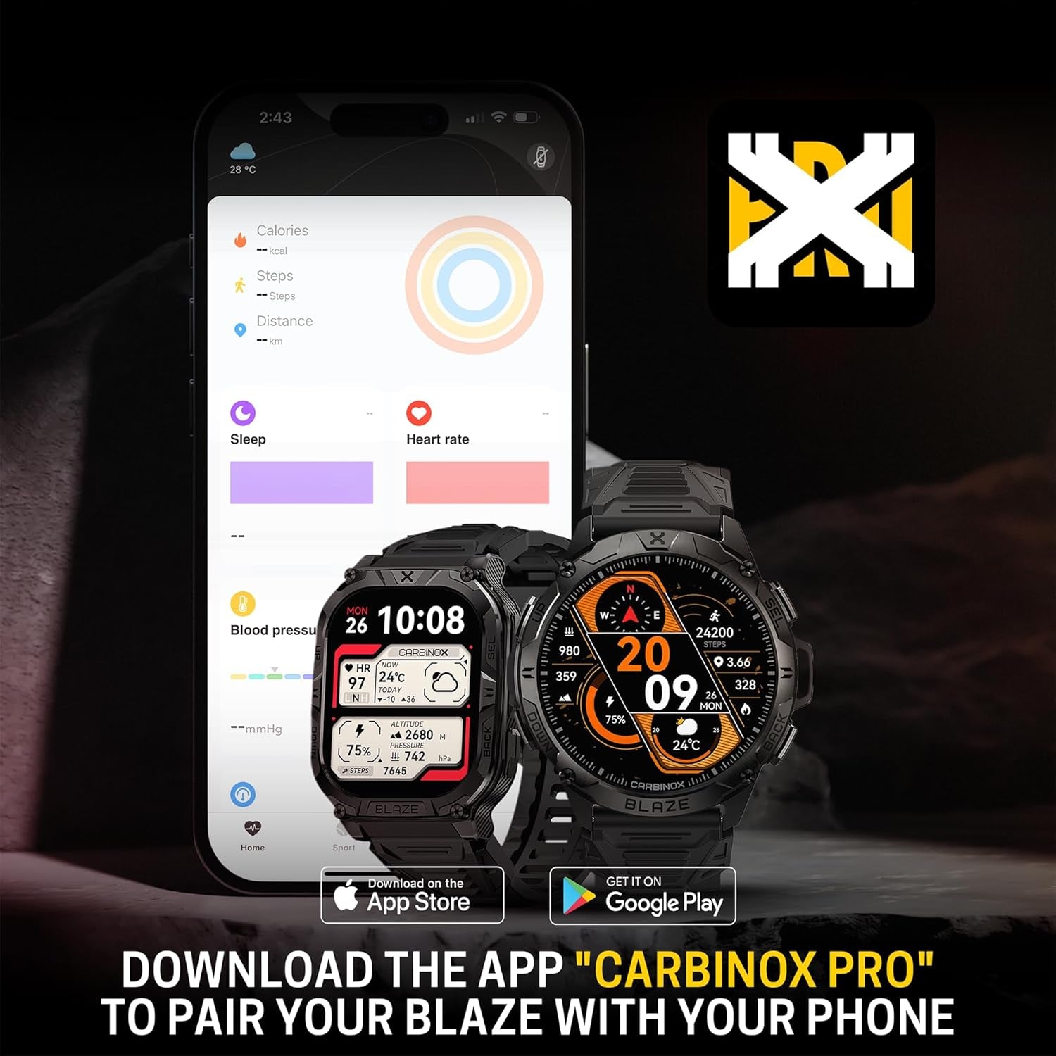 CARBINOX Blaze Smart Watch with GPS – Rugged Fitness Trackers, IP69K Waterproof, 170+ Sports Modes, Gorilla Glass, Make/Receive Calls, Android & Ios Compatible