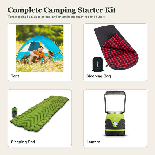 Complete Camping Starter Kit showing tent, sleeping bag, sleeping pad, and lantern