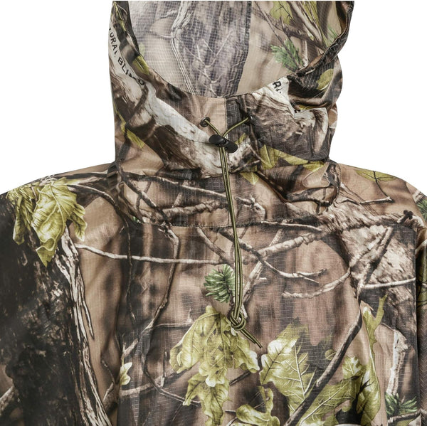Camouflage rain poncho with hood and blind pattern for hunting