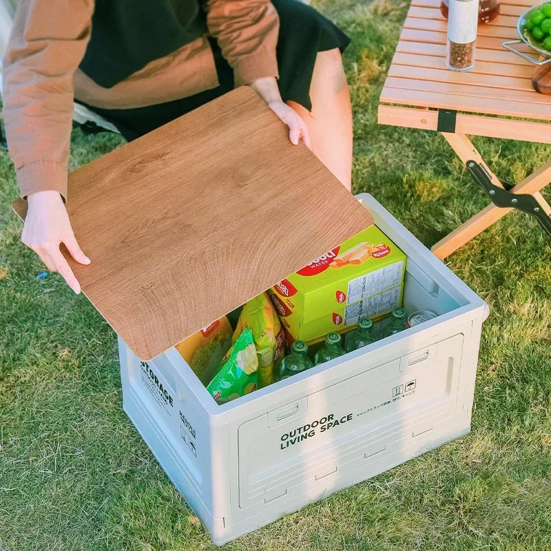 Outdoor Camping Storage Box with Trunk Organizer, Folding Bench, and Chopping Board - Peak Performance Outfitters