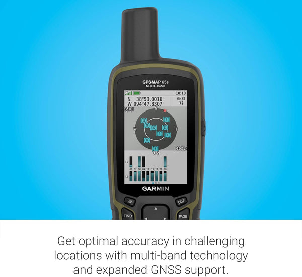 Garmin GPSMAP 65S, Button-Operated Handheld with Altimeter and Compass, Expanded Satellite Support and Multi-Band Technology, 2.6" Color Display