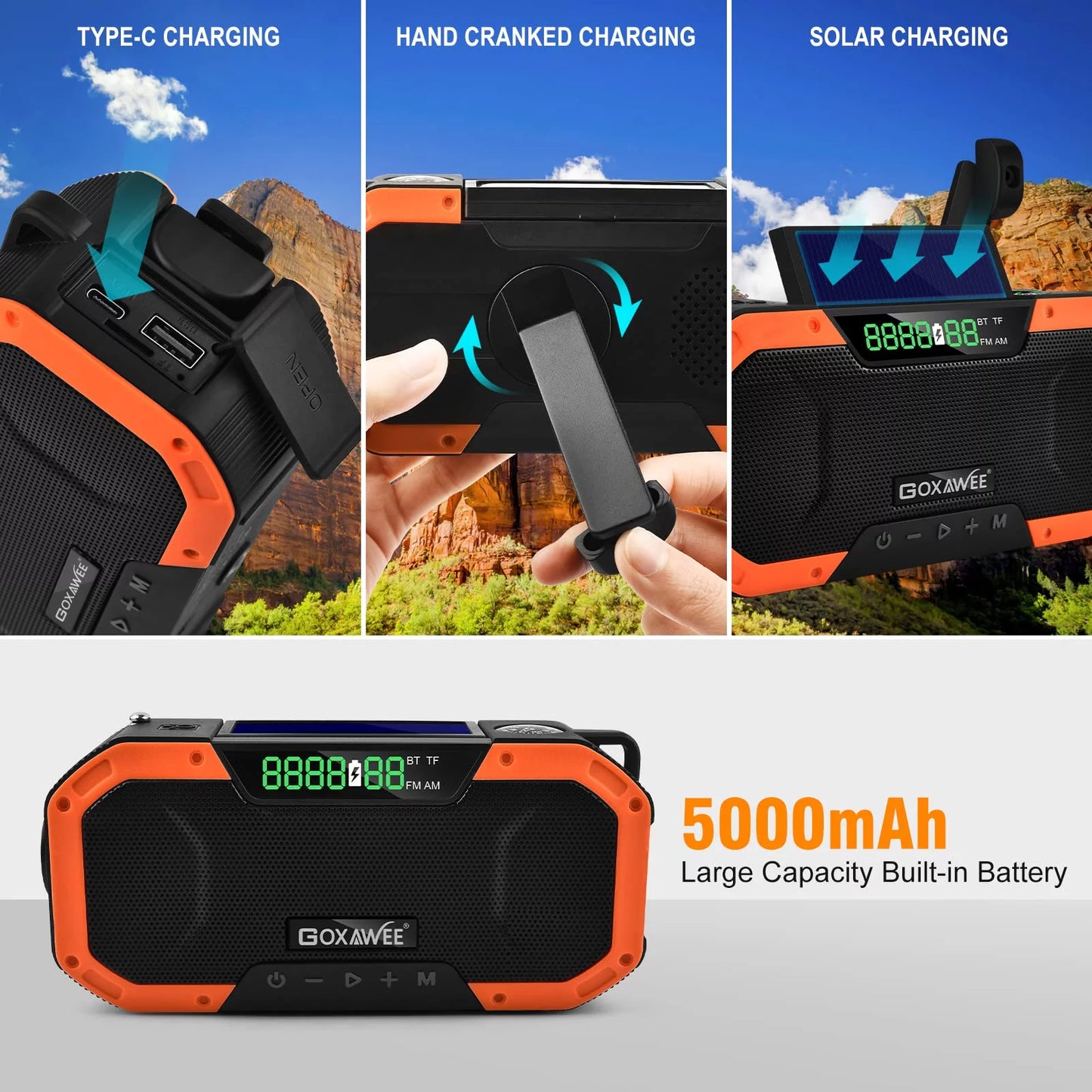 Portable Emergency Weather Radio with Bluetooth, AM/FM, TF, and NOAA Weather Alert - 5000mAh Solar Hand Crank Radio for Outdoor Camping and Hiking - Peak Performance Outfitters