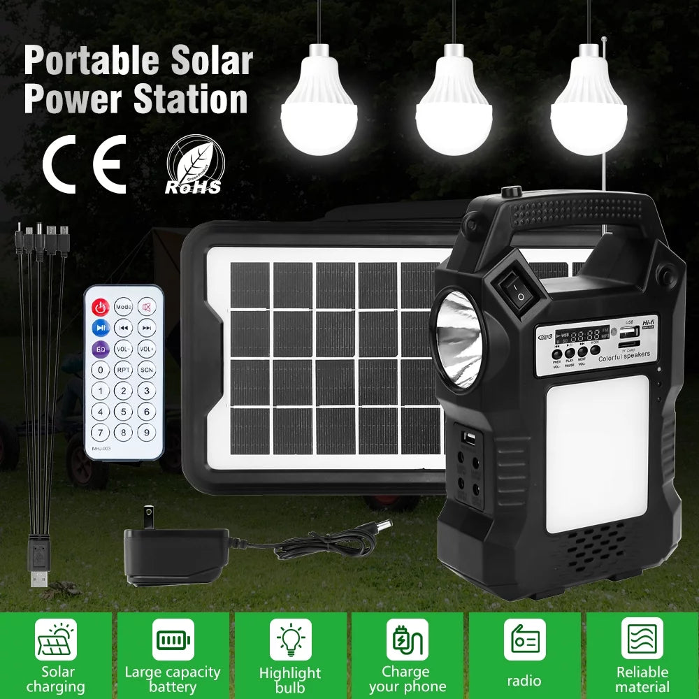 Portable Power Station Solar Generator with LED Display, MP3 Player, FM Radio, and 3 Camp Lamps for Camping, Outdoor, Family, RV, and Emergency Use - Peak Performance Outfitters