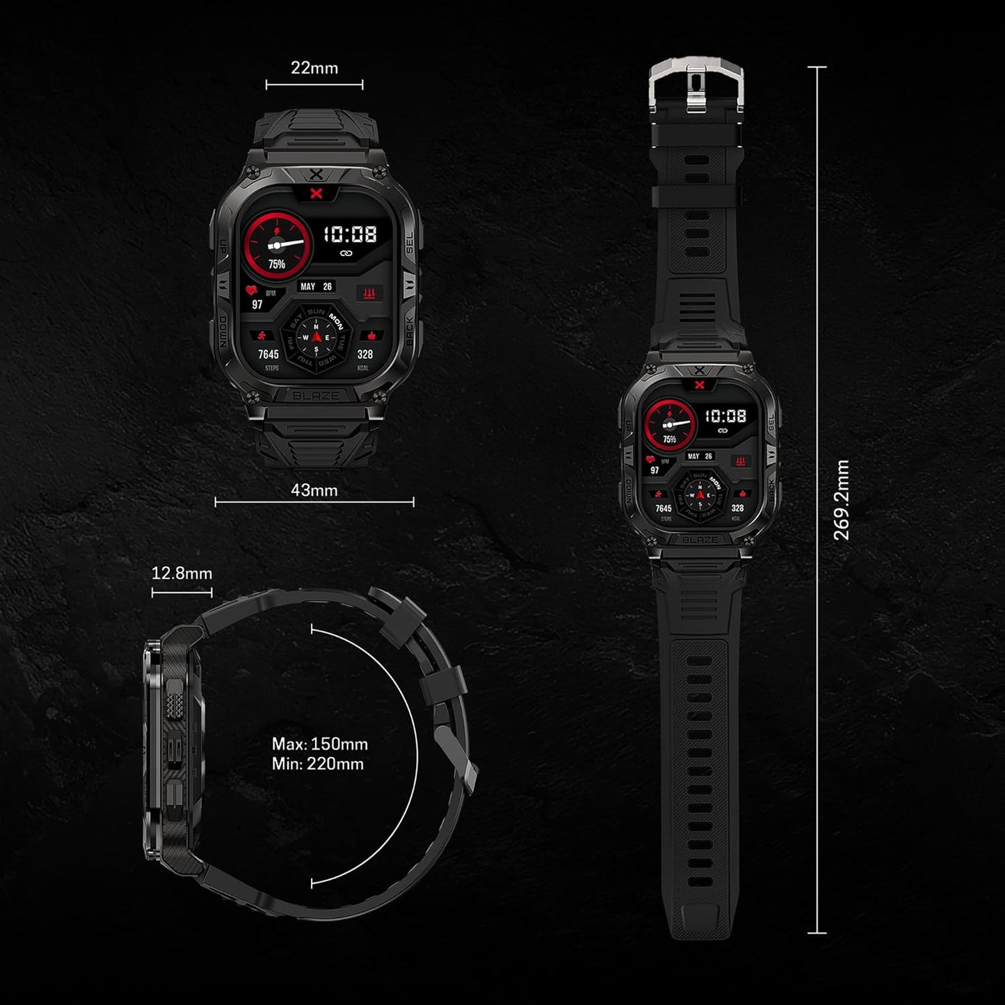 CARBINOX Blaze Smart Watch with GPS – Rugged Fitness Trackers, IP69K Waterproof, 170+ Sports Modes, Gorilla Glass, Make/Receive Calls, Android & Ios Compatible