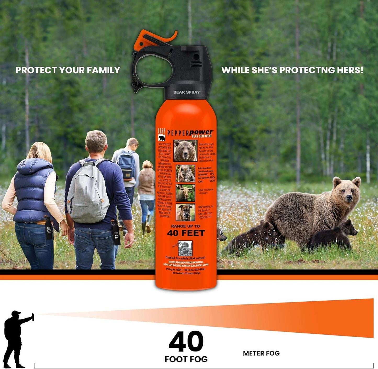 UDAP Pepper Power Magnum Bear Spray Self Defense Deterrent with Holster for Camping, Hiking, Fishing, Powerful Blast Pattern, 30 Ft Fog Barrier, 12HP, 7.9 Oz