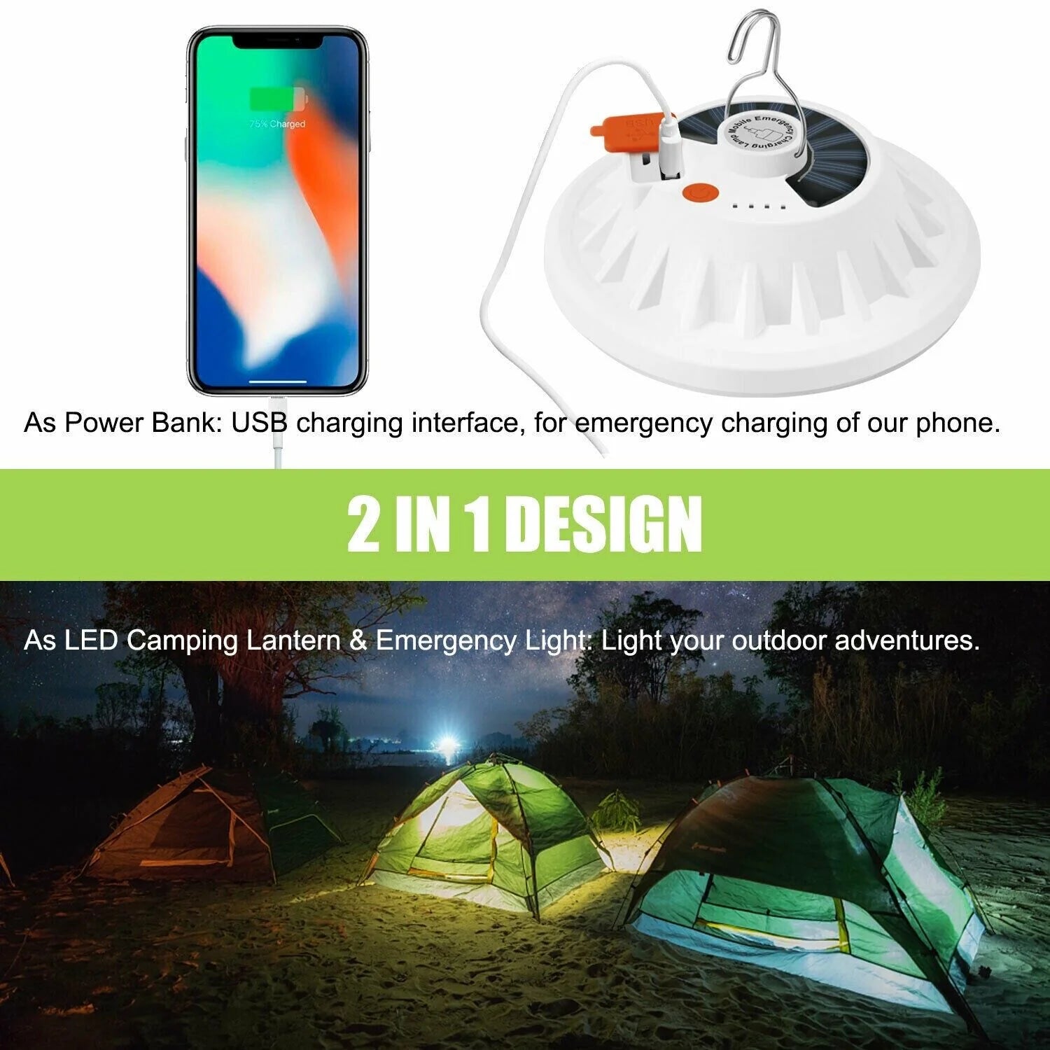 Outdoor Camping Tent Light with 60 LED, Rechargeable USB & Solar Powered - Ideal for Hiking - Peak Performance Outfitters