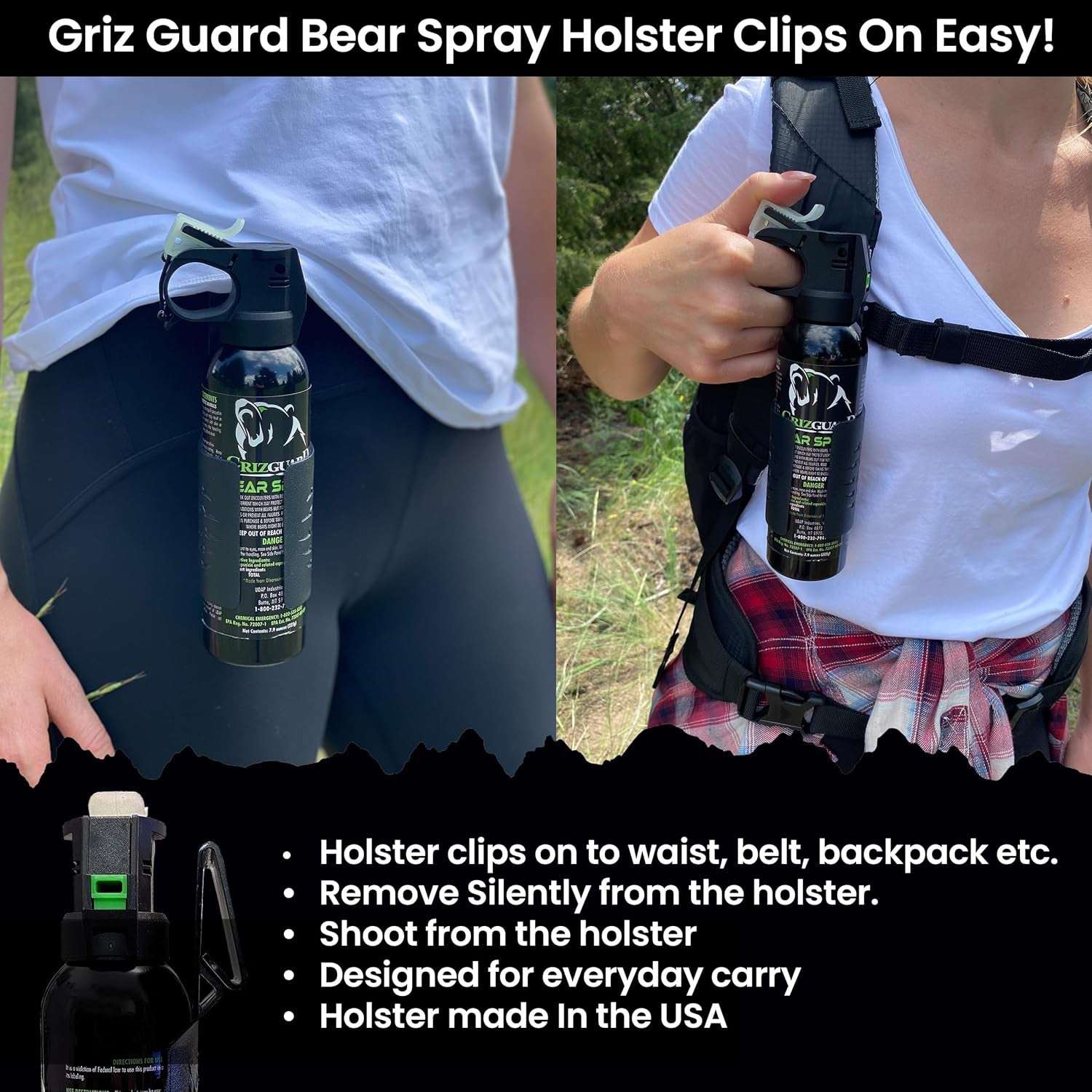 Griz Guard Bear Spray W/Holster 40 Ft Range, Maximum Strength, Epa-Registered Spray for Bears, Mountain Lions, Coyotes, Dogs, & Moose, Outdoor Hiking & Camping Protection, Glow Safety Clip, 7.9 Oz