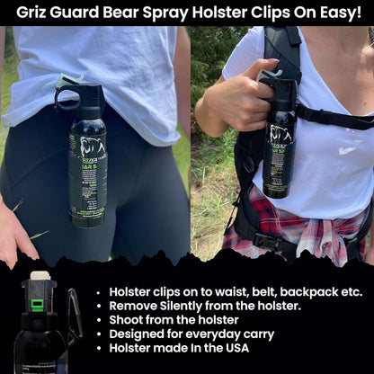 Griz Guard Bear Spray W/Holster 40 Ft Range, Maximum Strength, Epa-Registered Spray for Bears, Mountain Lions, Coyotes, Dogs, & Moose, Outdoor Hiking & Camping Protection, Glow Safety Clip, 7.9 Oz
