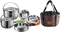 Camping cookware set exploded view showing stockpot, saucepan, fry pan, and utensils