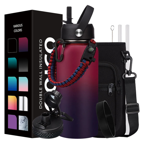 32oz insulated stainless water bottle with straw lid and shoulder carrier bag