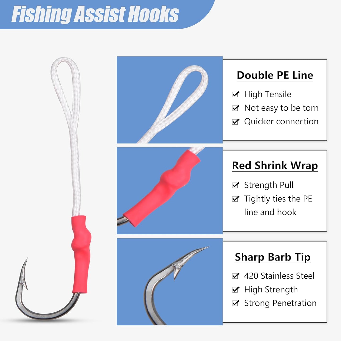 Professional Product Title: 30Pcs Saltwater Fishing Assist Hooks with PE Line for Jigging - Vertical Butterfly Jig Hooks, Slow Pitch Jig Hooks, Braid Assist Cords - Peak Performance Outfitters