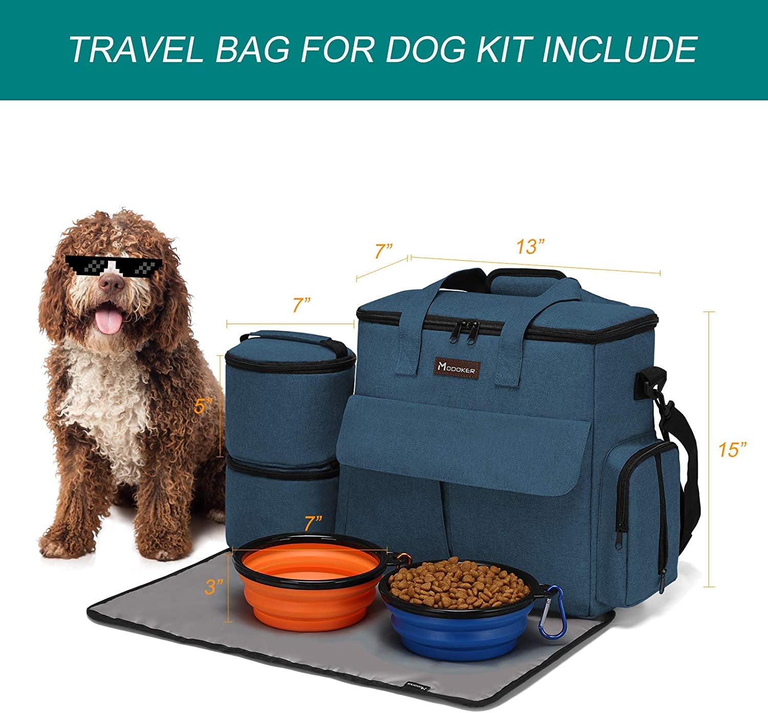 Pet Travel Bag Set with Airline Approval, Multi-Function Pockets, Food Storage Containers, Collapsible Bowls, and Feeding Mat - Blue