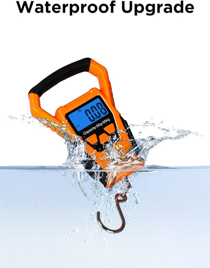 Portable Waterproof Fish Scale Digital Hanging Scale with Backlit LCD Display, 110Lb/50Kg Capacity for Home and Outdoor Use - Includes Measuring Tape and 2 AAA Batteries - Peak Performance Outfitters