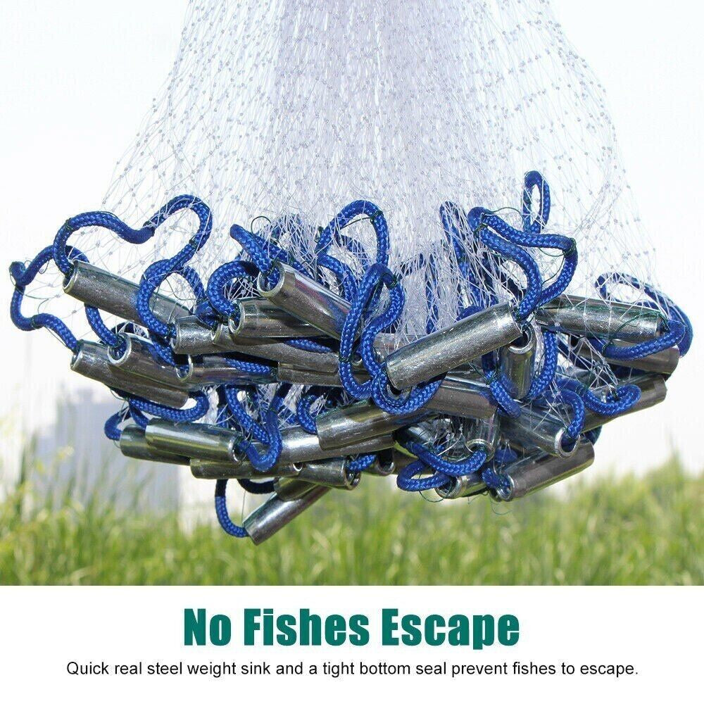 Premium Quality Fishing Cast Net with Strong Nylon Mesh - 6/8/10/12/16FT - Made in USA