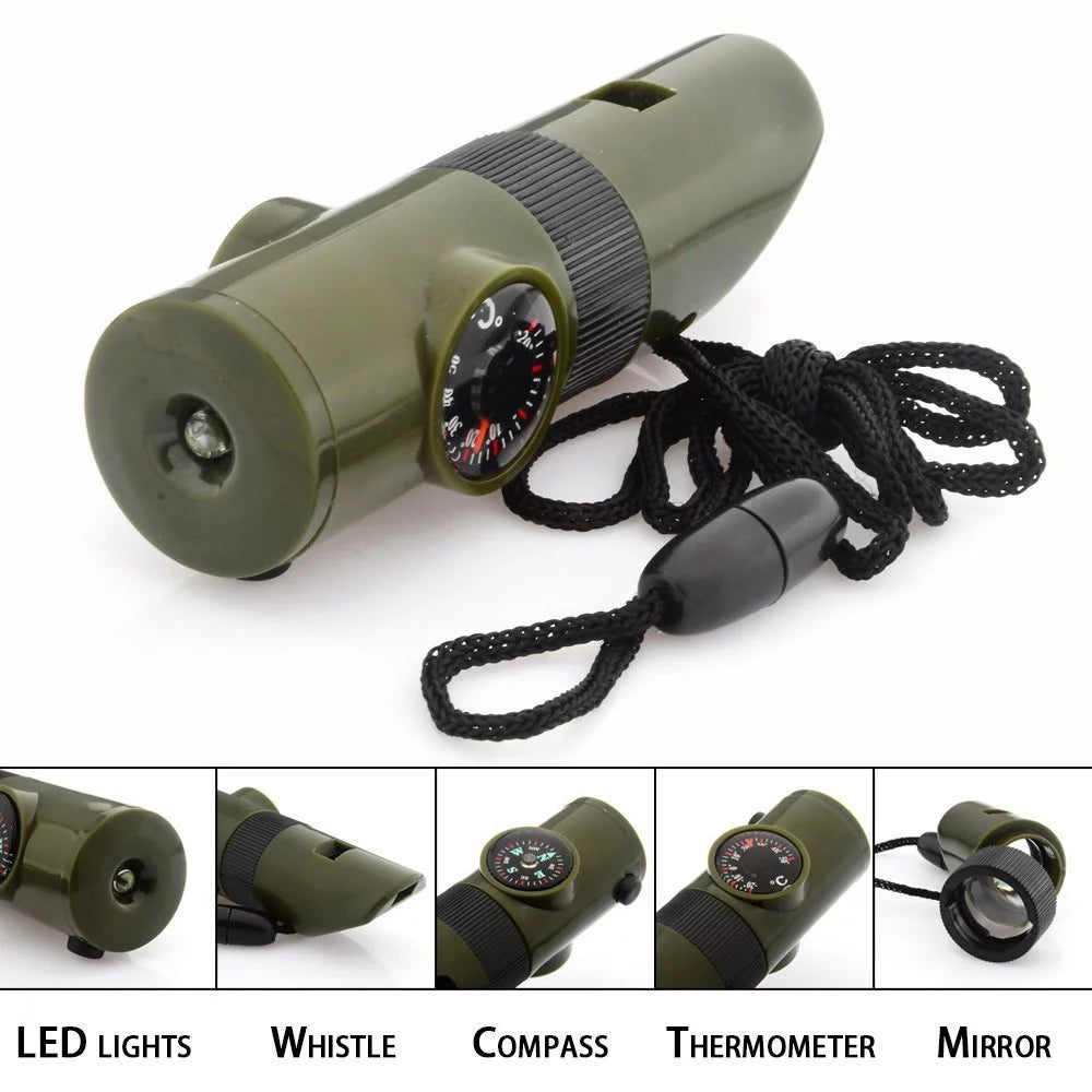 "Multifunctional 7-In-1 Emergency Survival Whistle Kit for Outdoor Use"